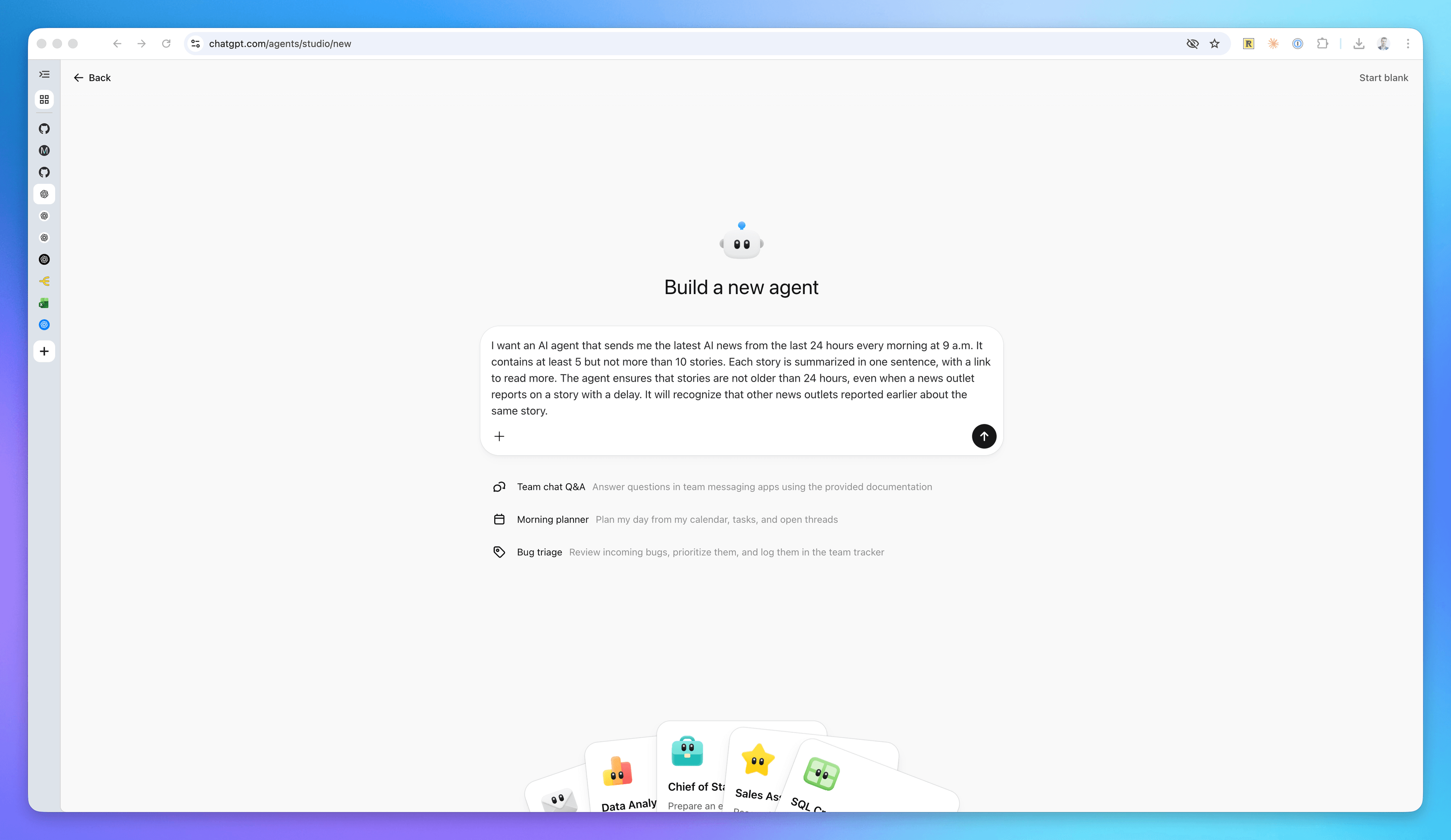 Create a ChatGPT Agent setup screen