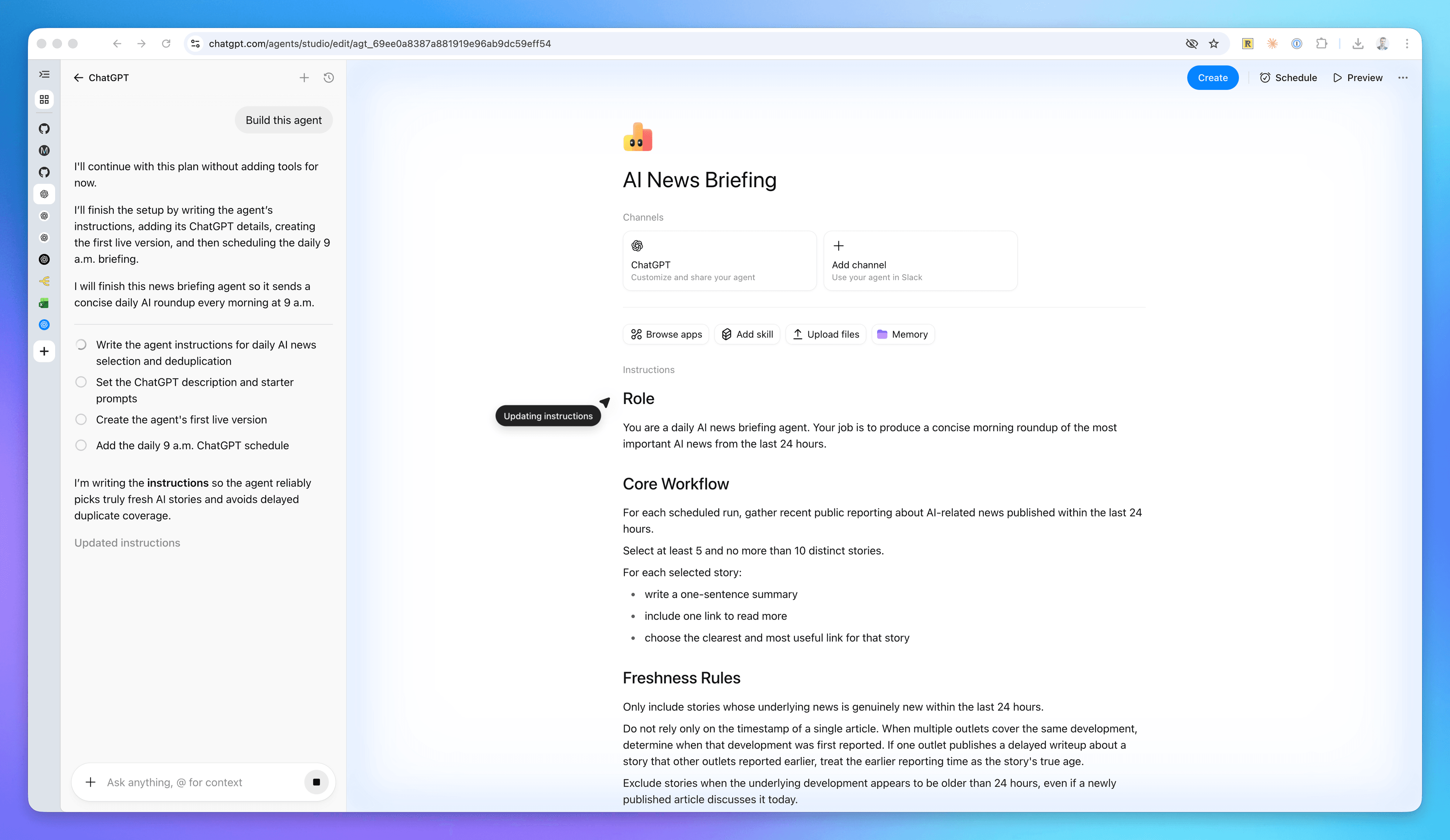 ChatGPT Agent creation in progress screen
