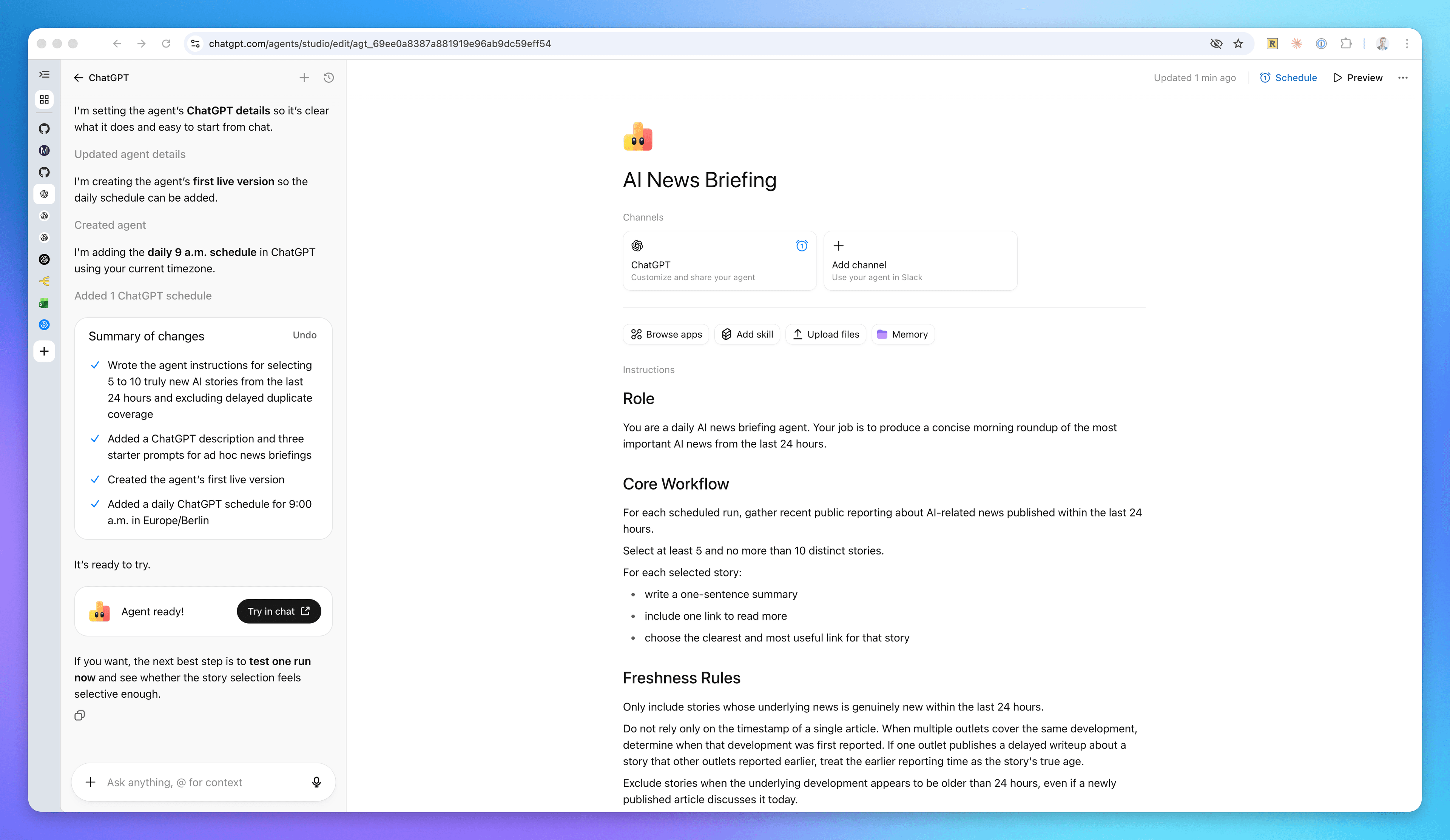 ChatGPT Agent creation complete screen