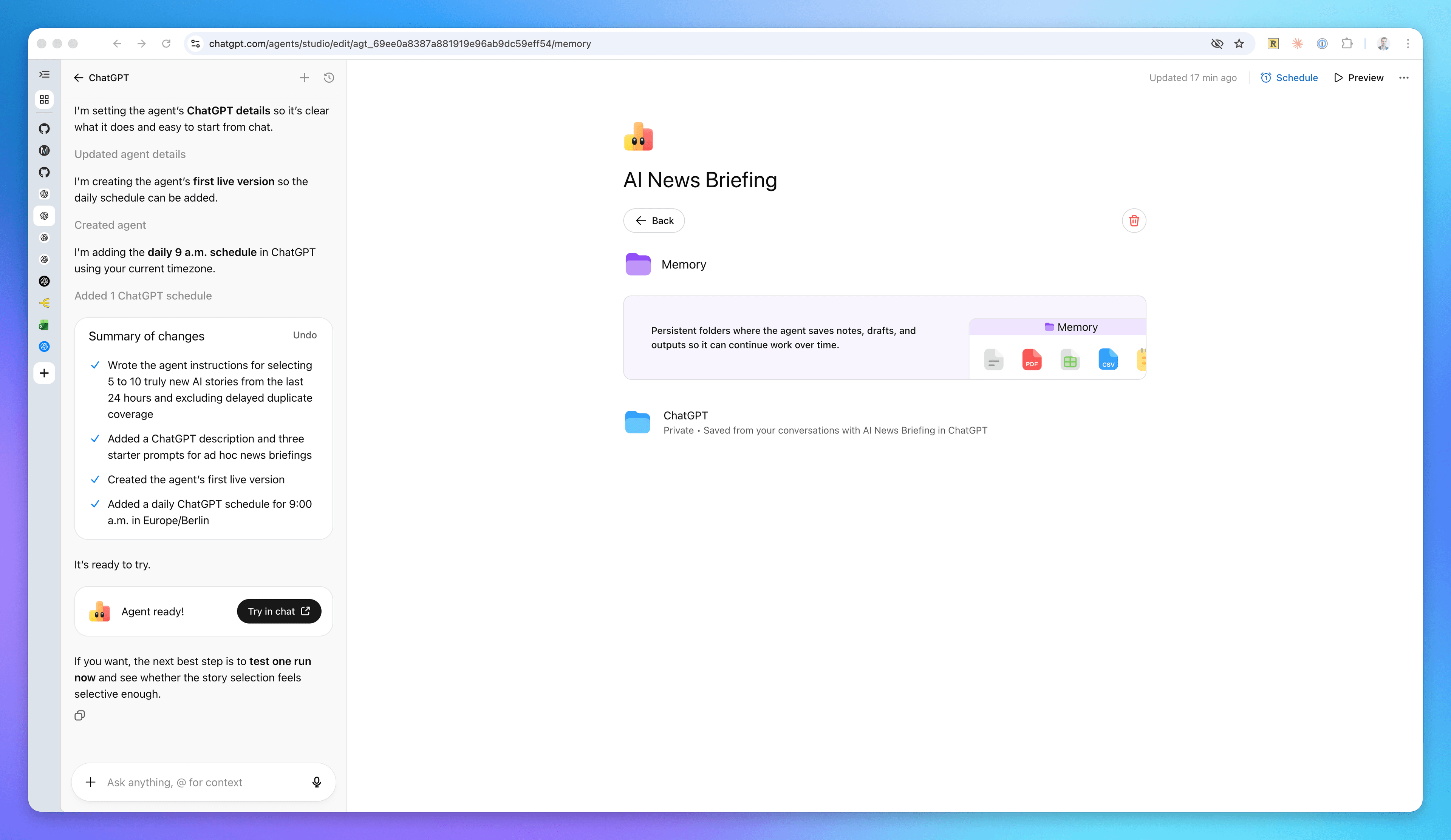 ChatGPT Agent memories setup screen