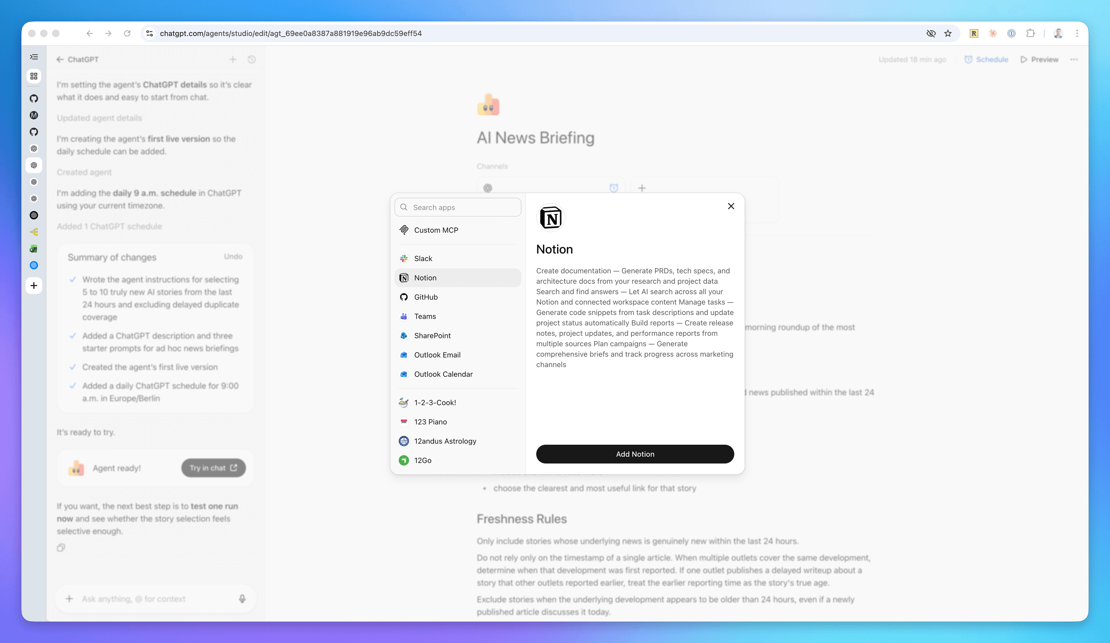 ChatGPT Agent app connections setup screen