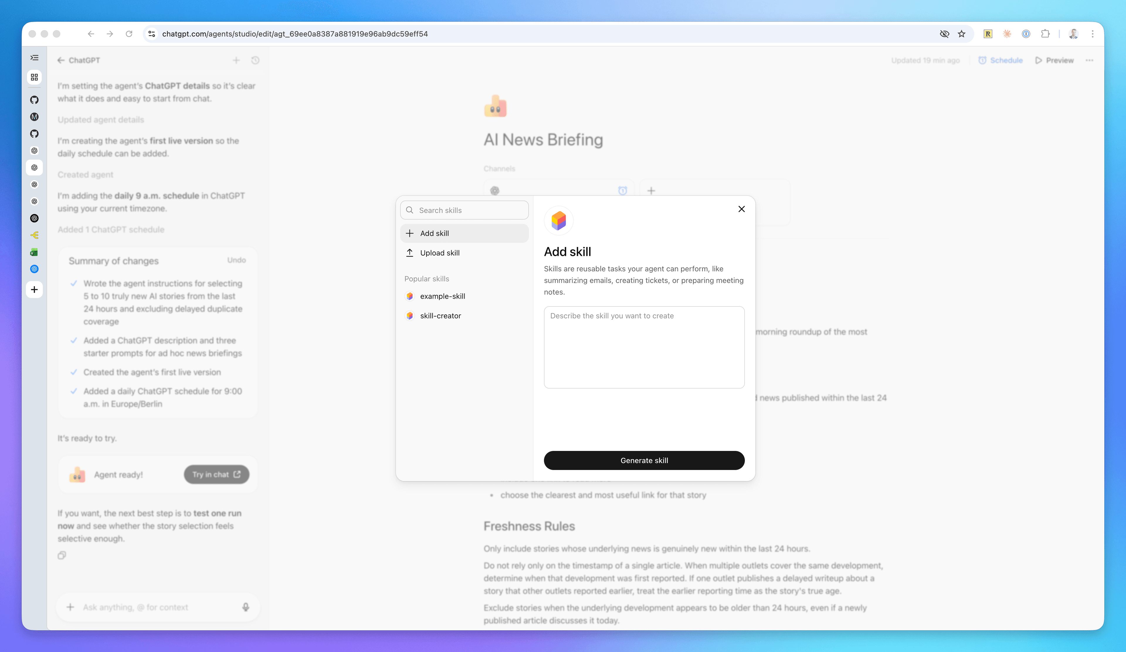 ChatGPT Agent skills setup screen