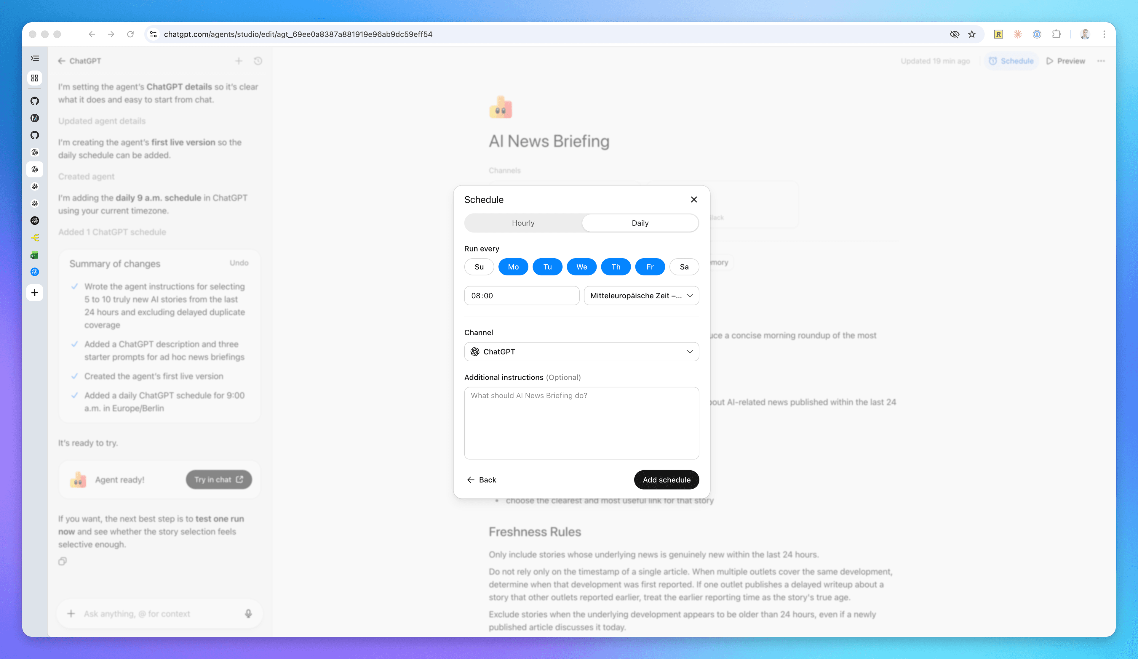 ChatGPT Agent schedule setup screen