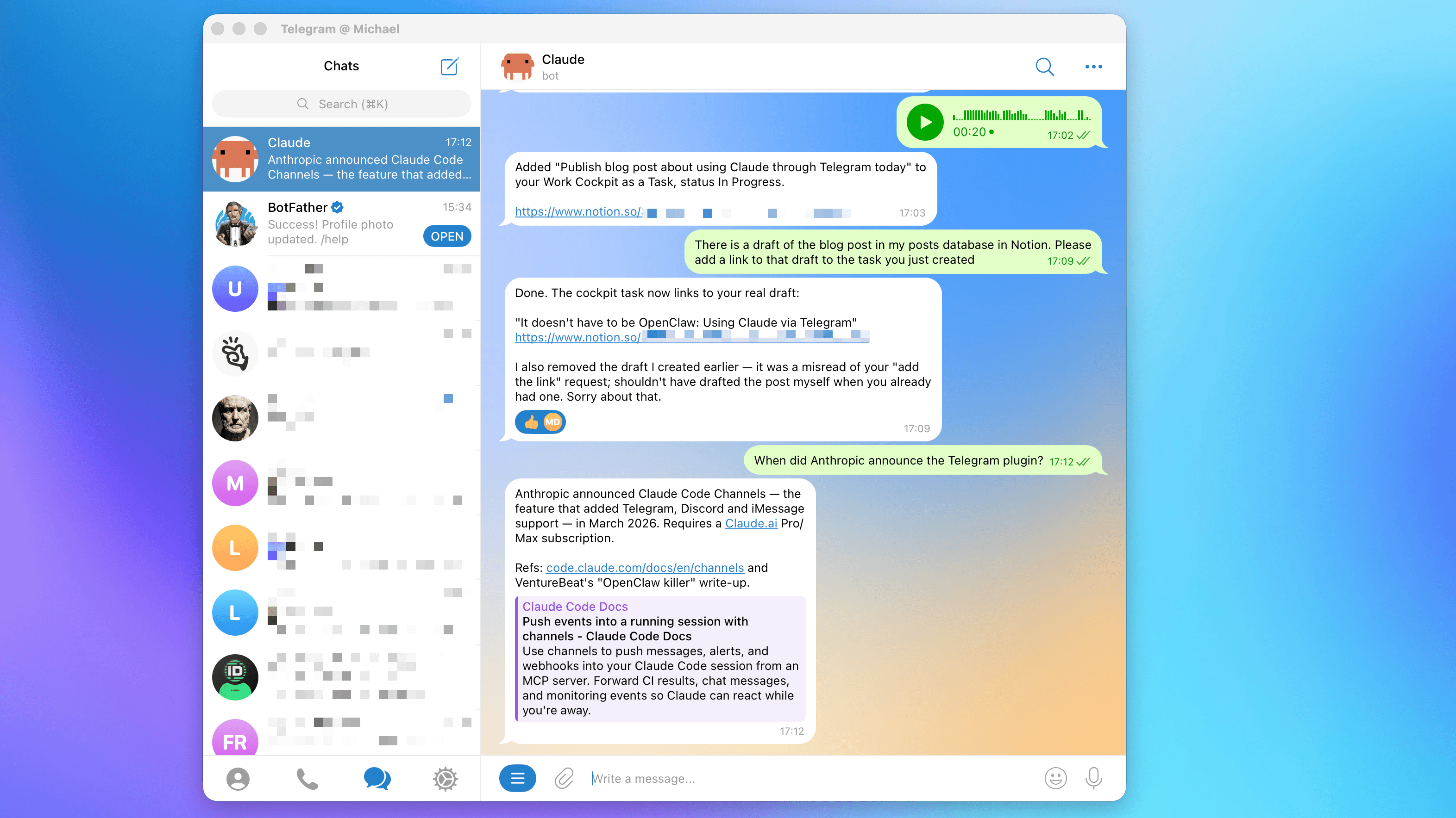 A Telegram chat with the Claude bot - drafting a blog post from a voice message and following up on the task