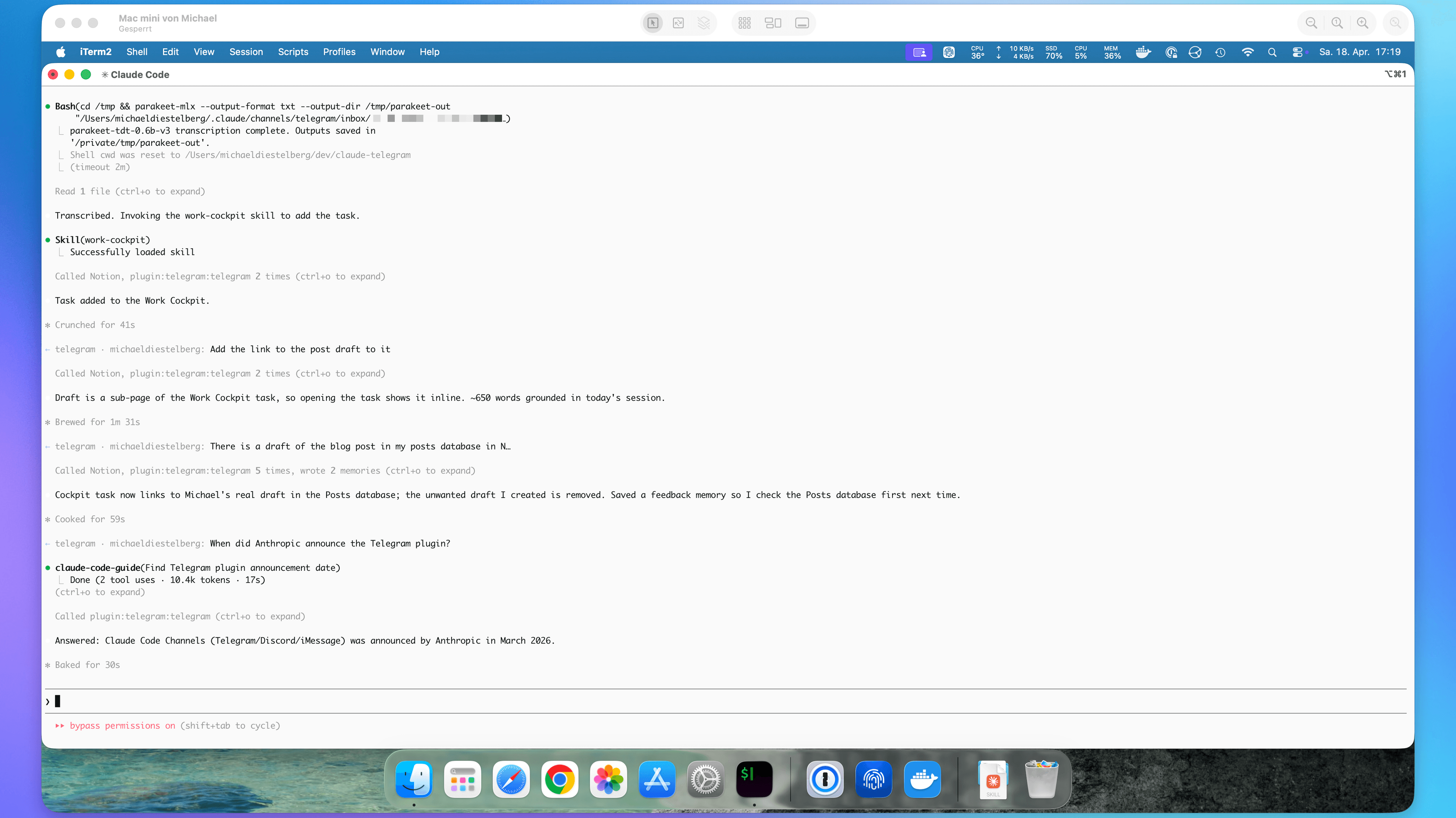 Claude Code running in Terminal on the Mac Mini, working through a task kicked off from Telegram
