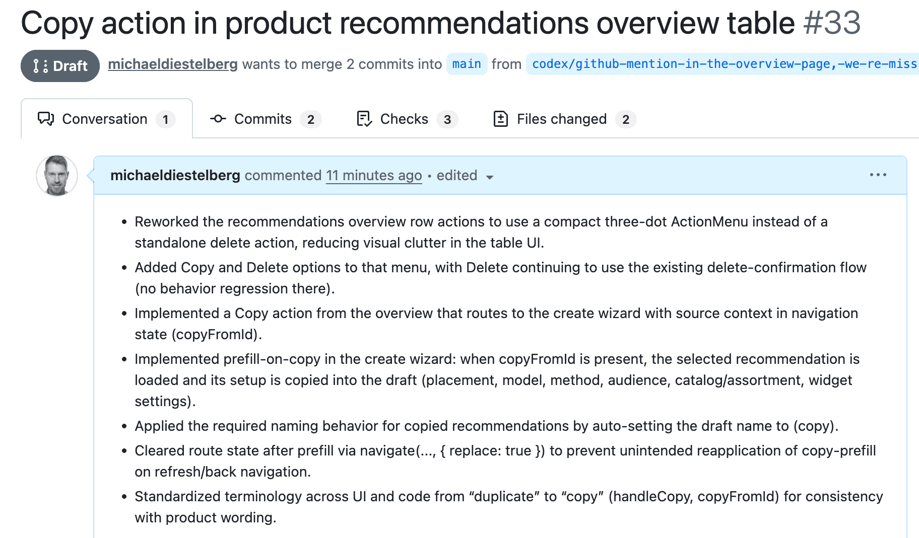 The pull request created by Codex with a detailed summary of changes