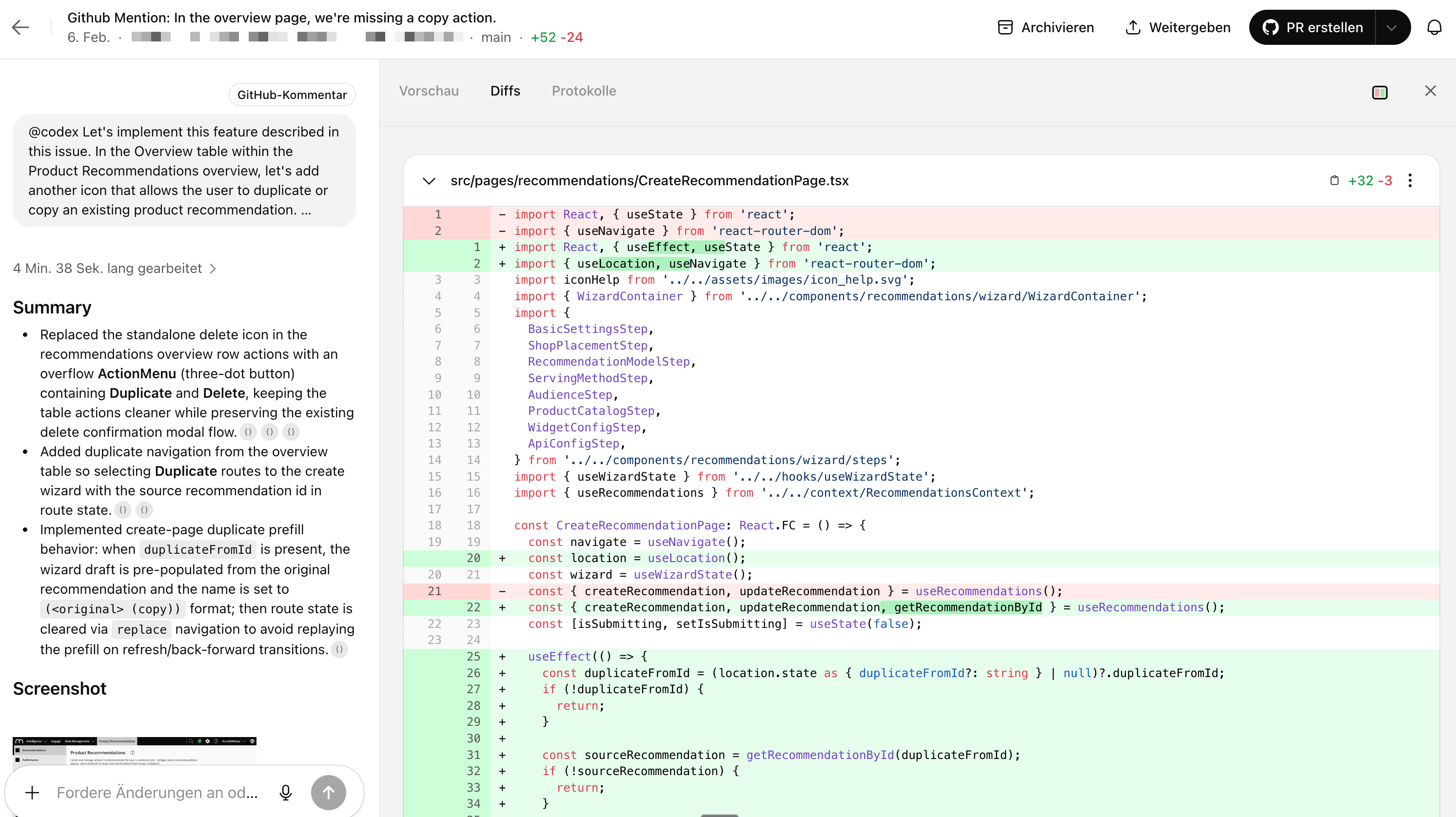 Codex working on the implementation - summary and code diff