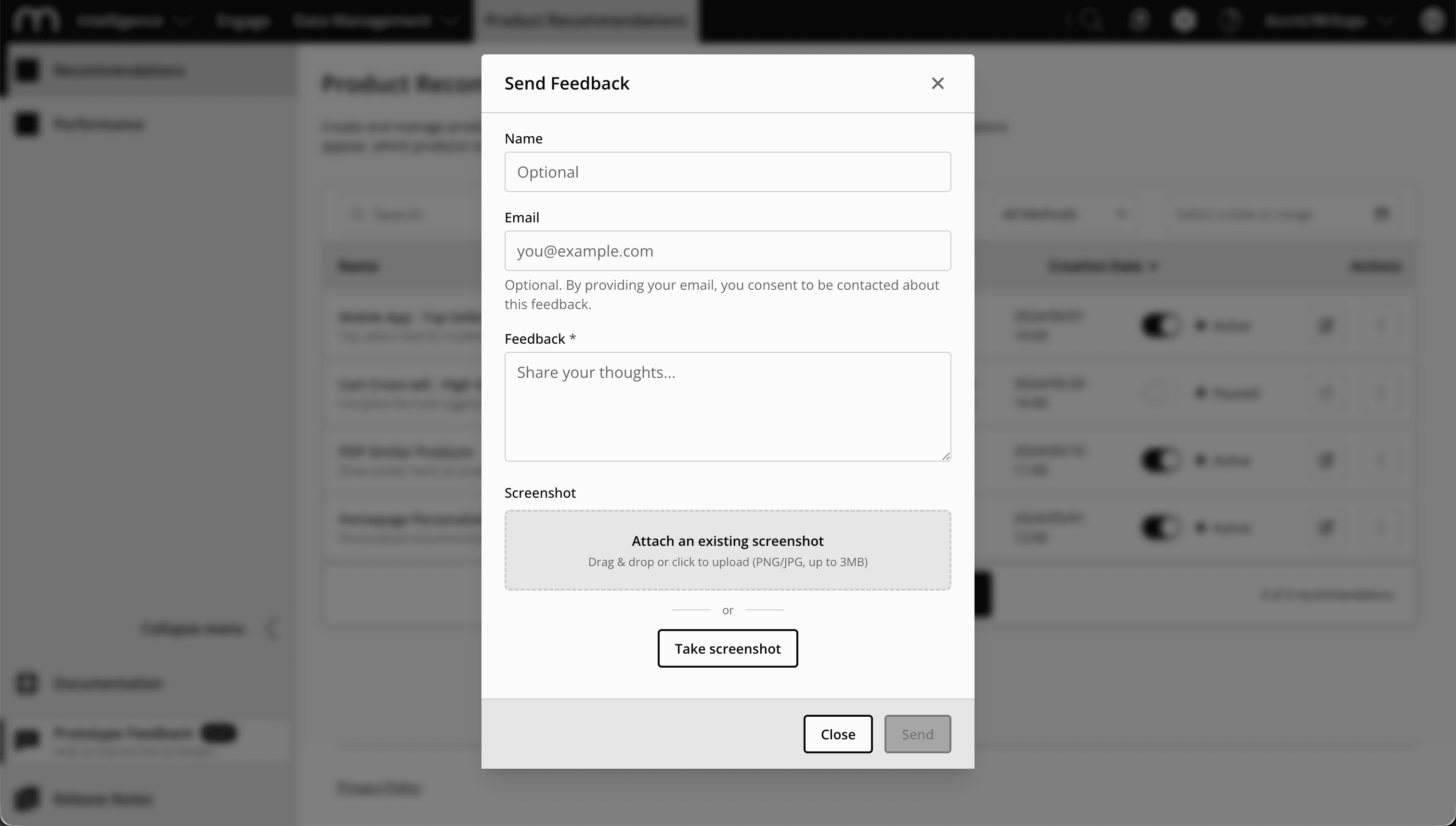 The feedback form with optional name, email, feedback text, and screenshot capture