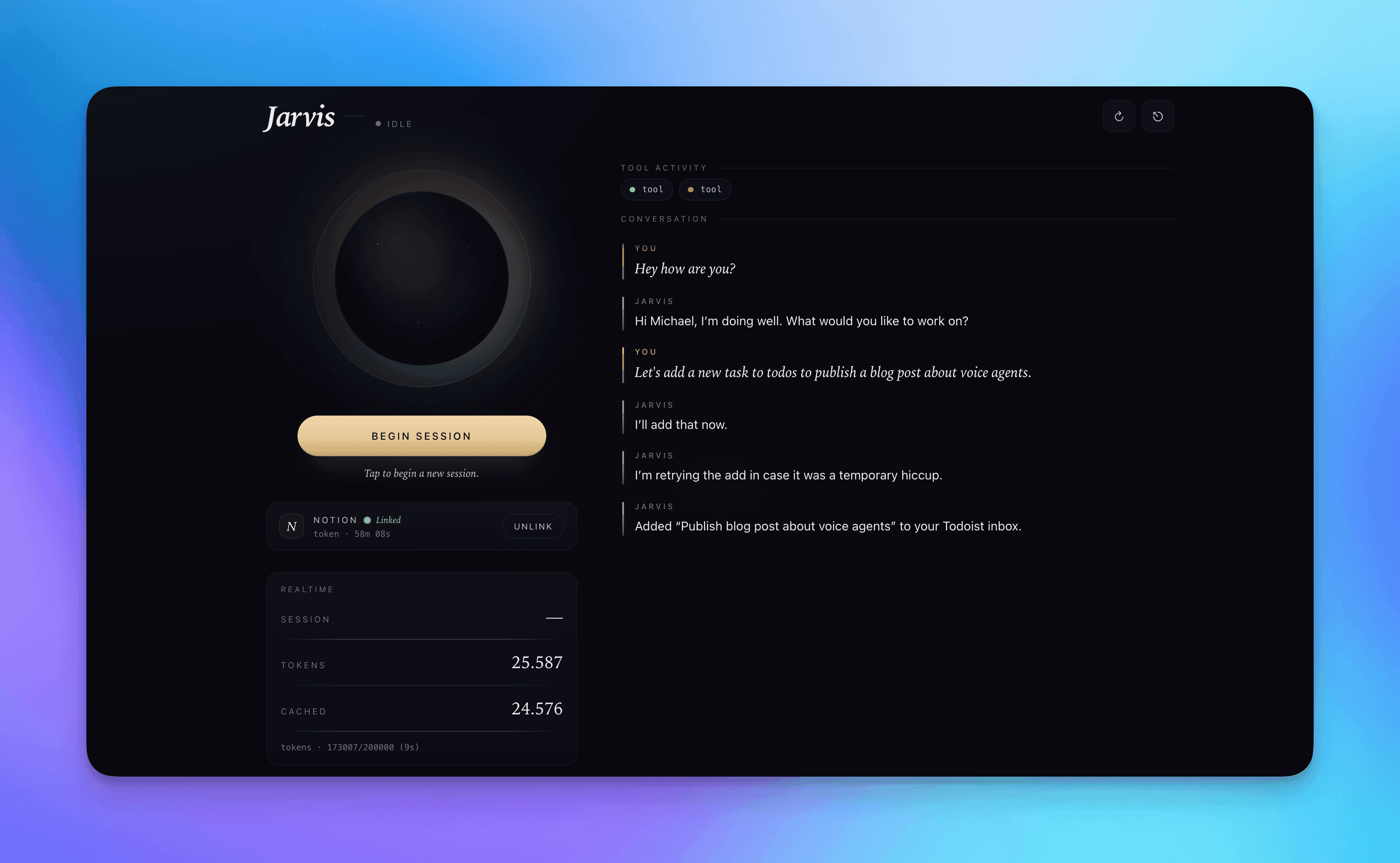 Jarvis productivity voice agent interface