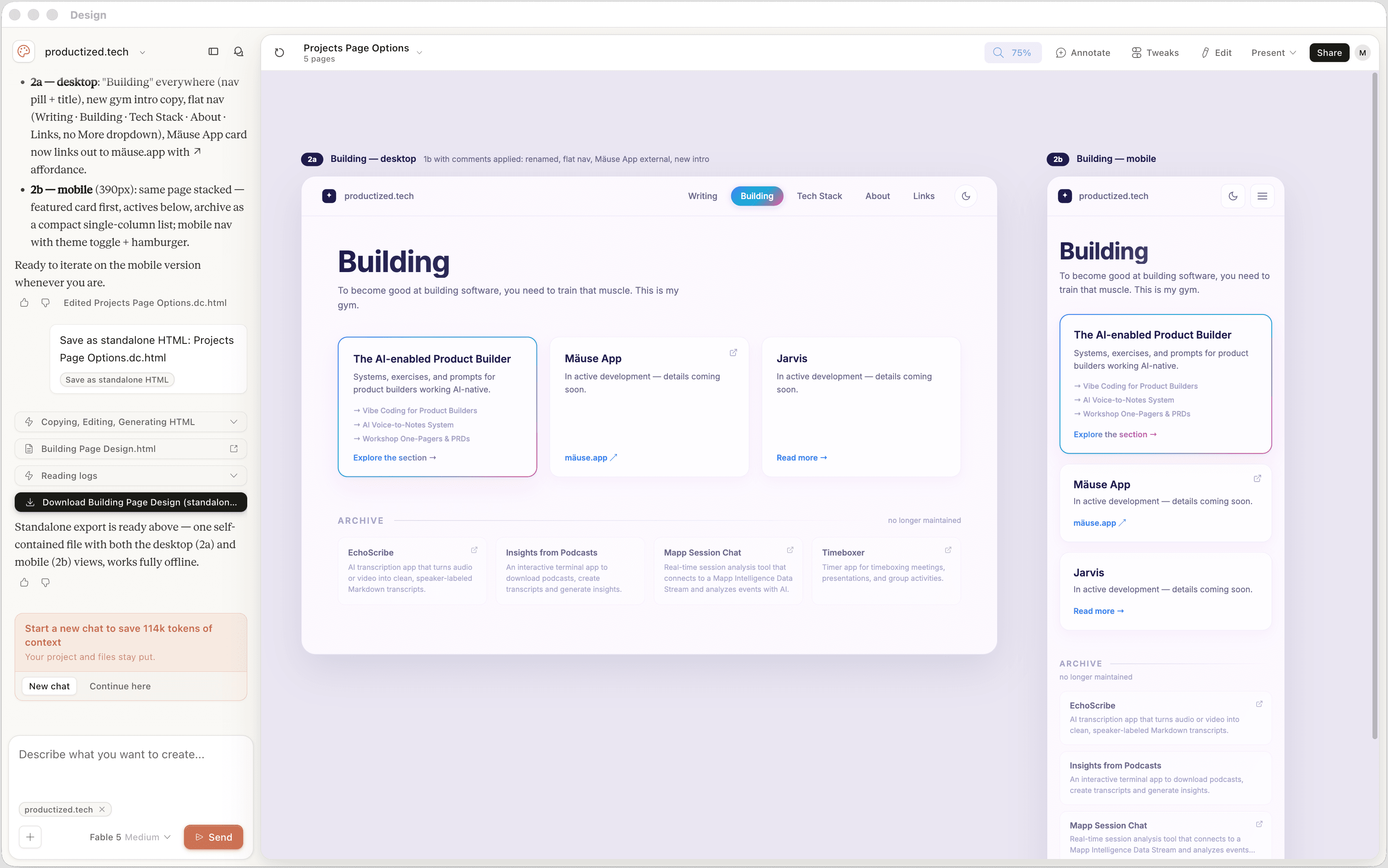 Claude Design showing desktop and mobile variants for a productized.tech page redesign