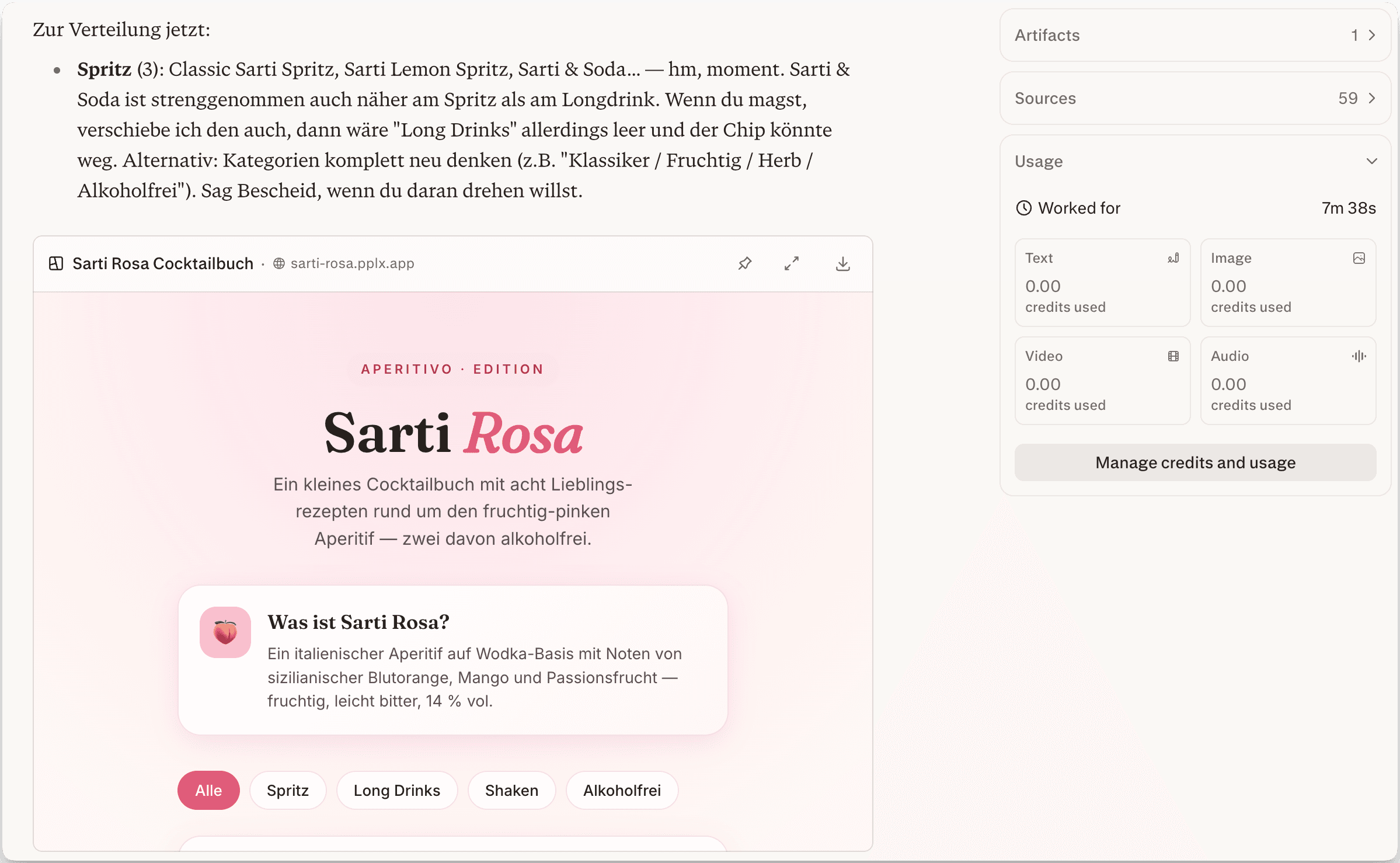 Perplexity Computer showing a generated Sarti Rosa cocktail app and usage panel