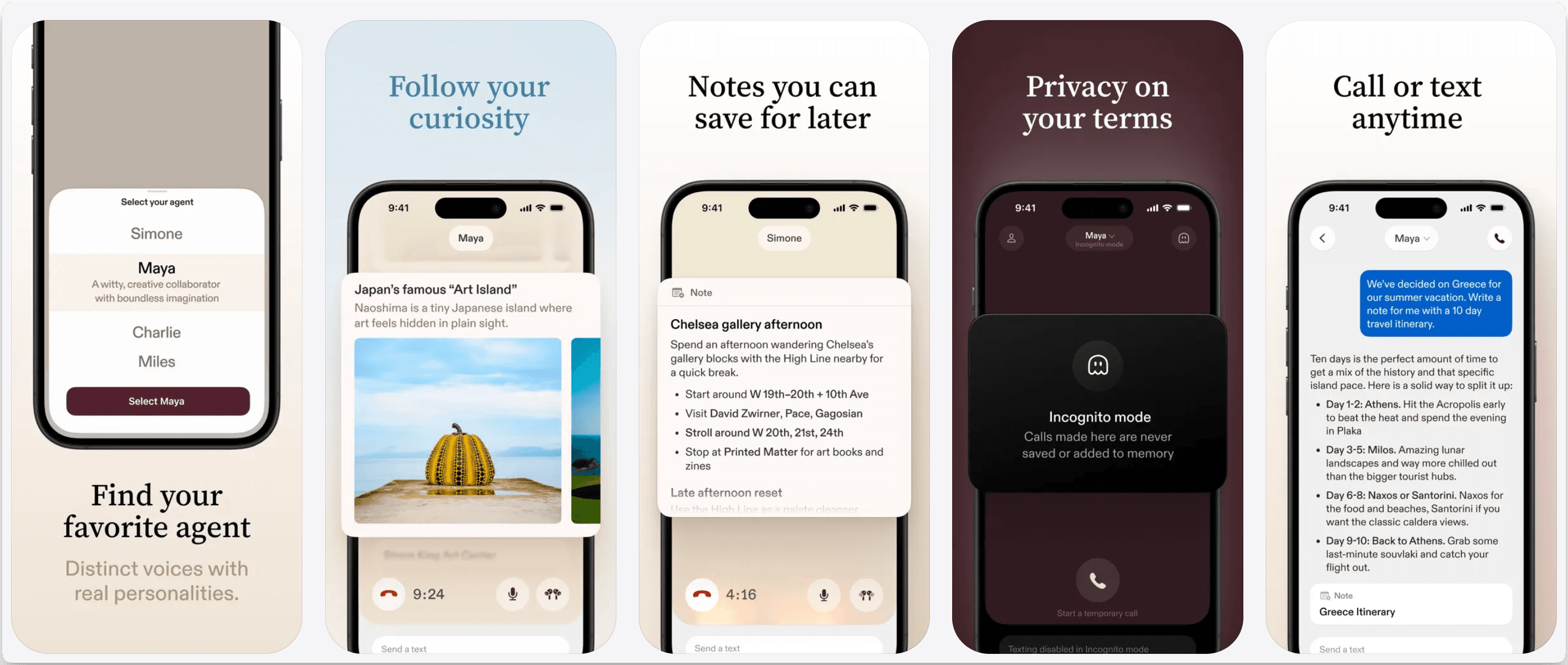 Sesame app promo screens showing voice agents, saved notes, incognito mode, and call or text interactions