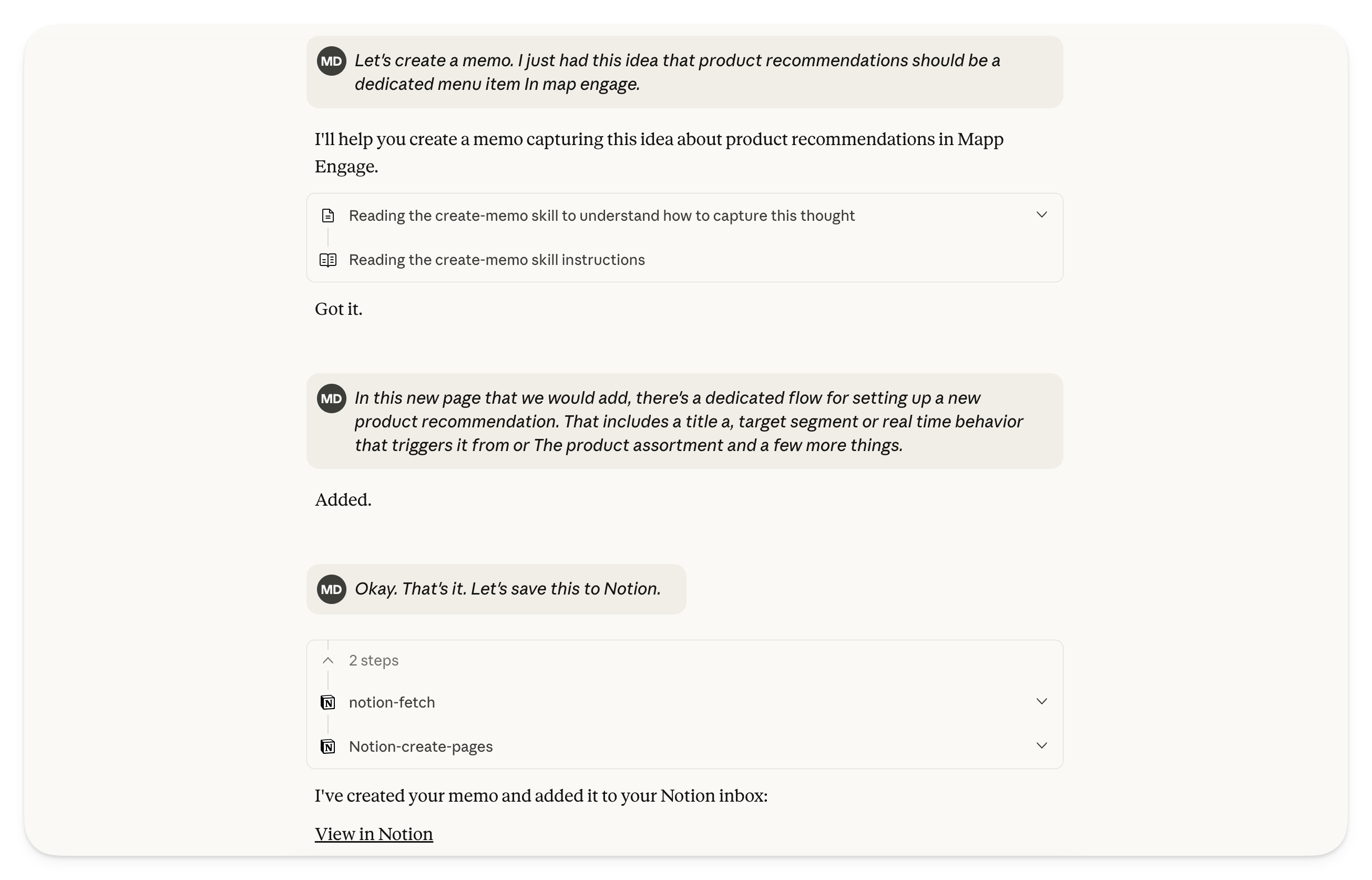 Screenshot of the Create Memo skill in action
