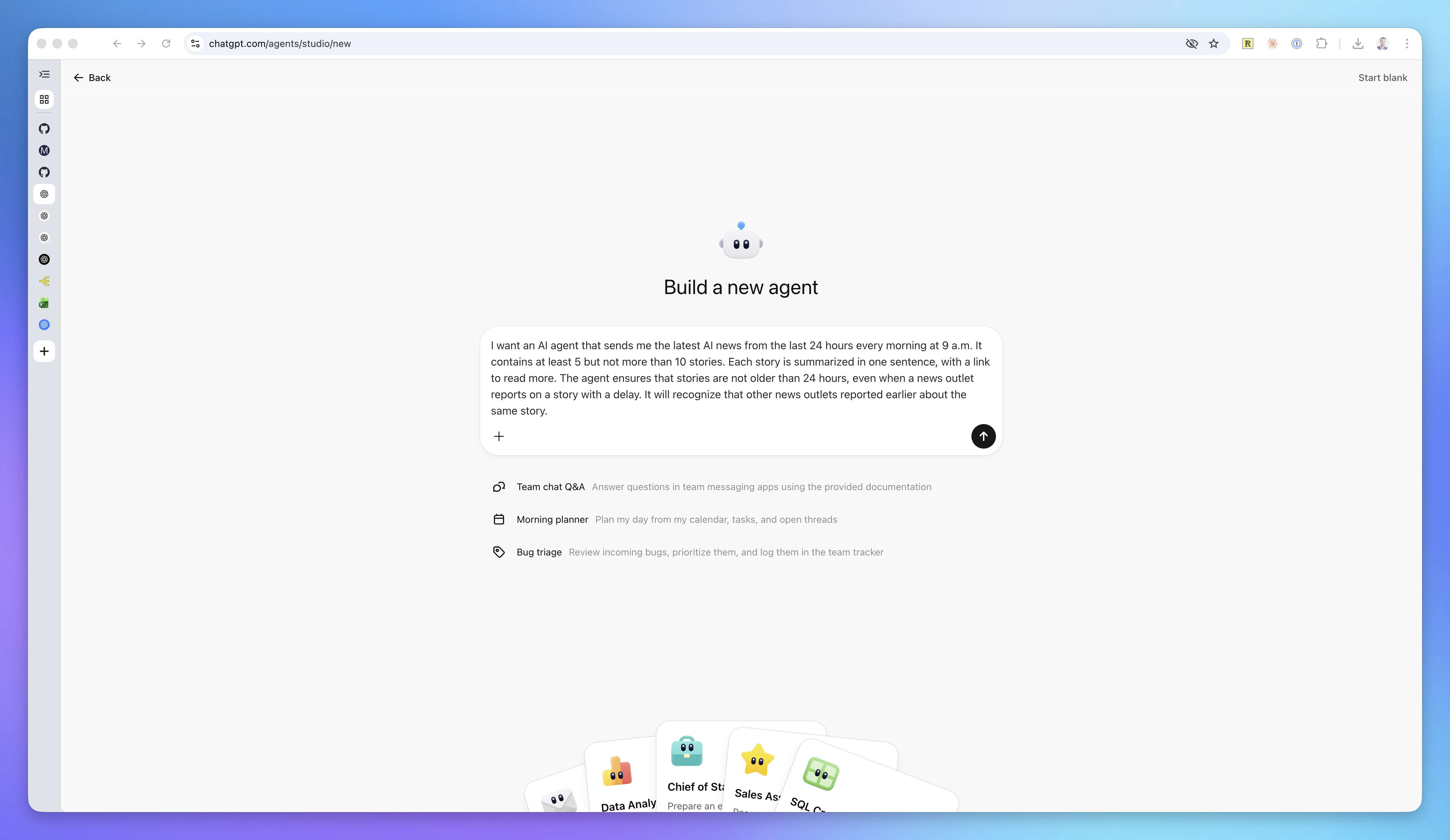 Create a ChatGPT Agent setup screen