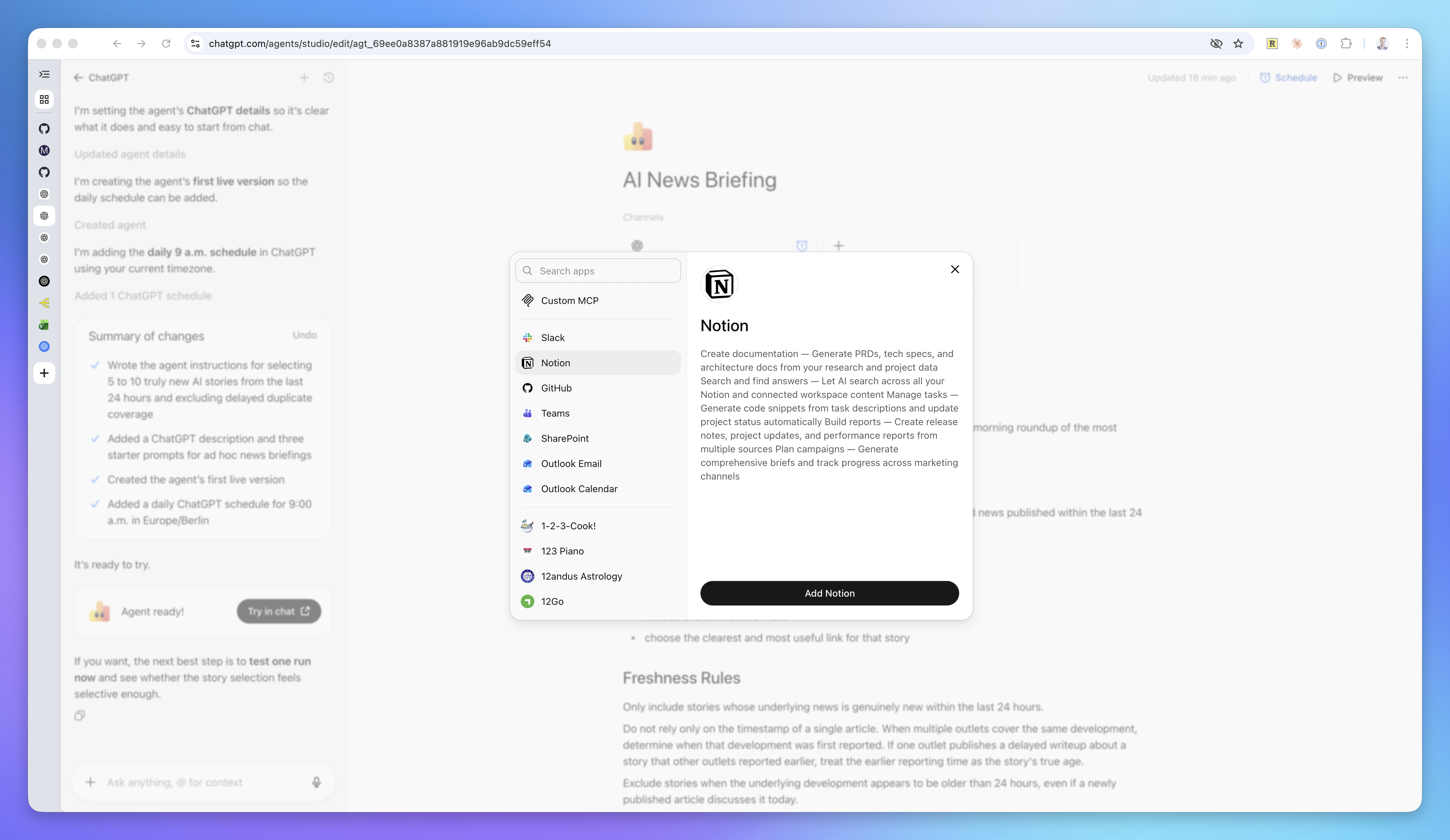 ChatGPT Agent app connections setup screen