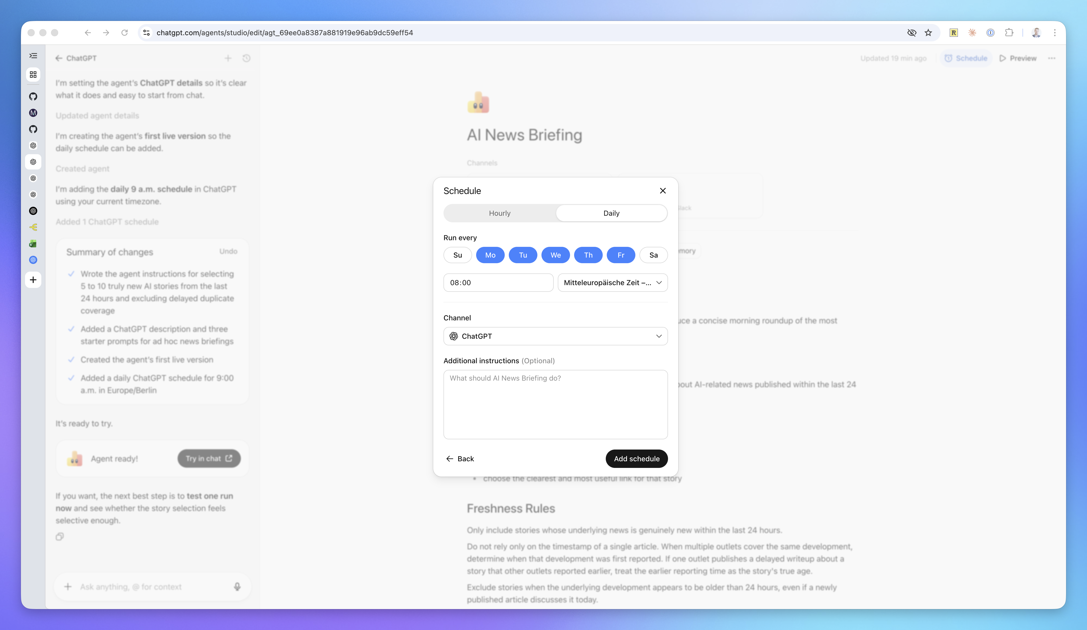 ChatGPT Agent schedule setup screen