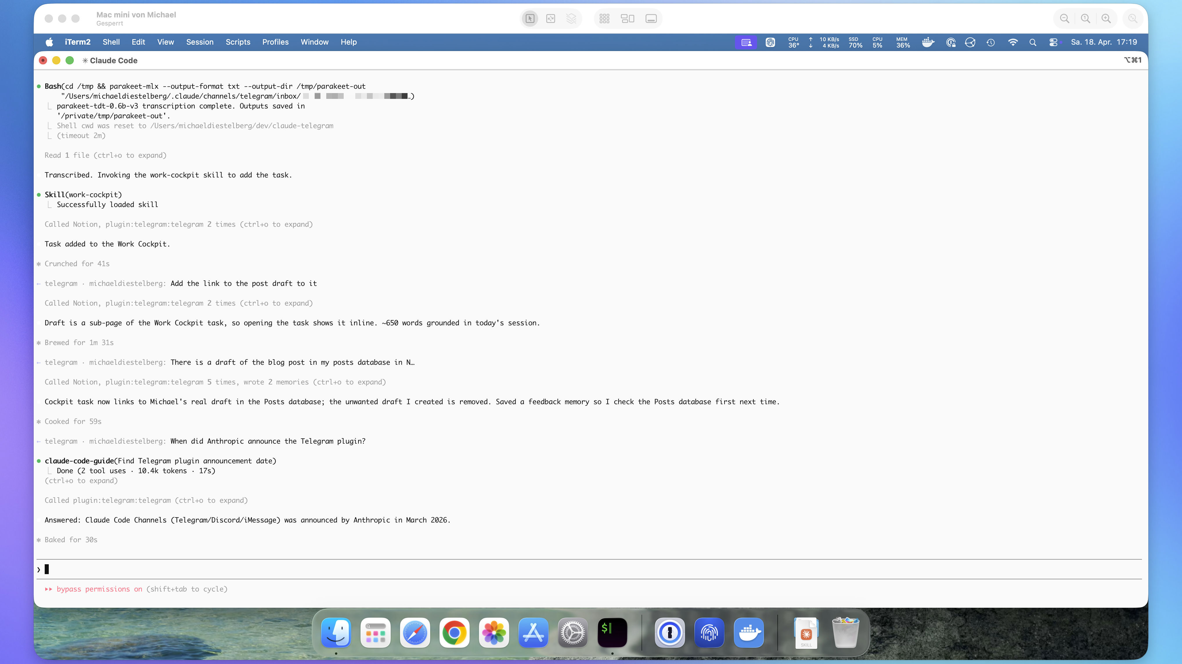 Claude Code running in Terminal on the Mac Mini, working through a task kicked off from Telegram