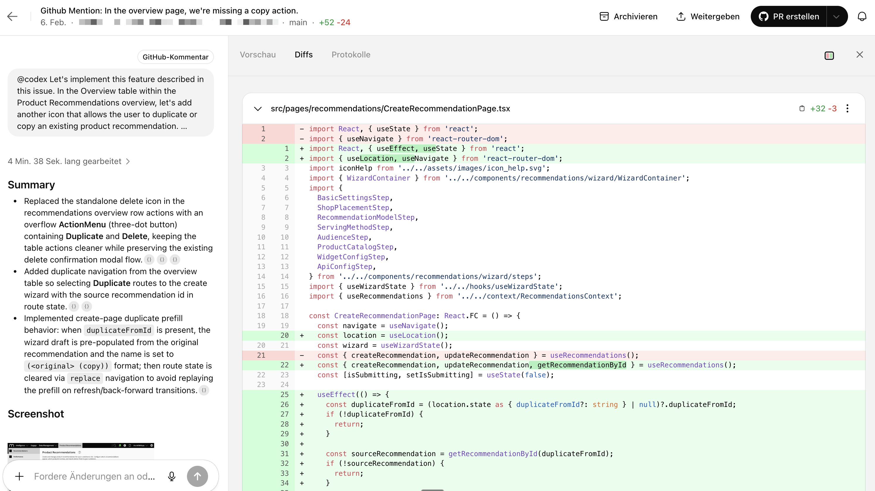 Codex working on the implementation - summary and code diff