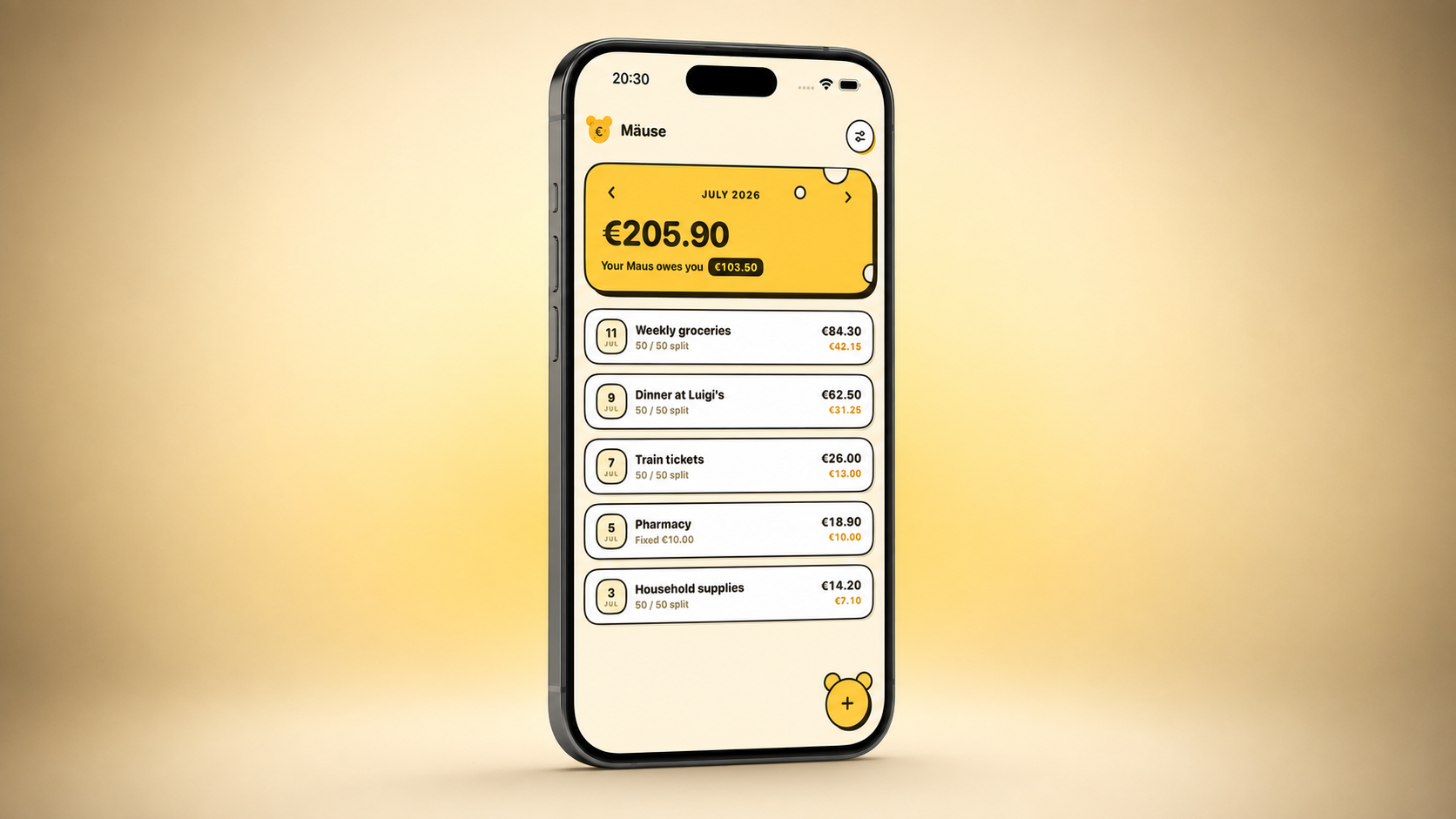 Mäuse home screen showing July 2026 balance and shared expense list