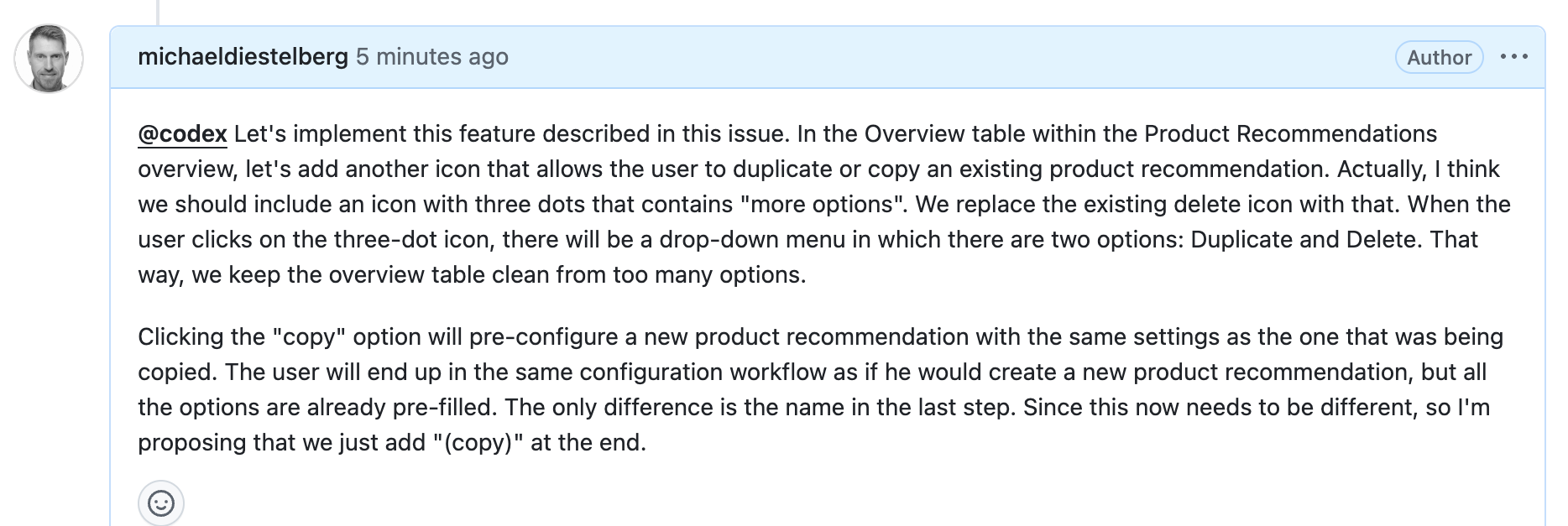 Mentioning @codex in a GitHub issue comment with implementation instructions