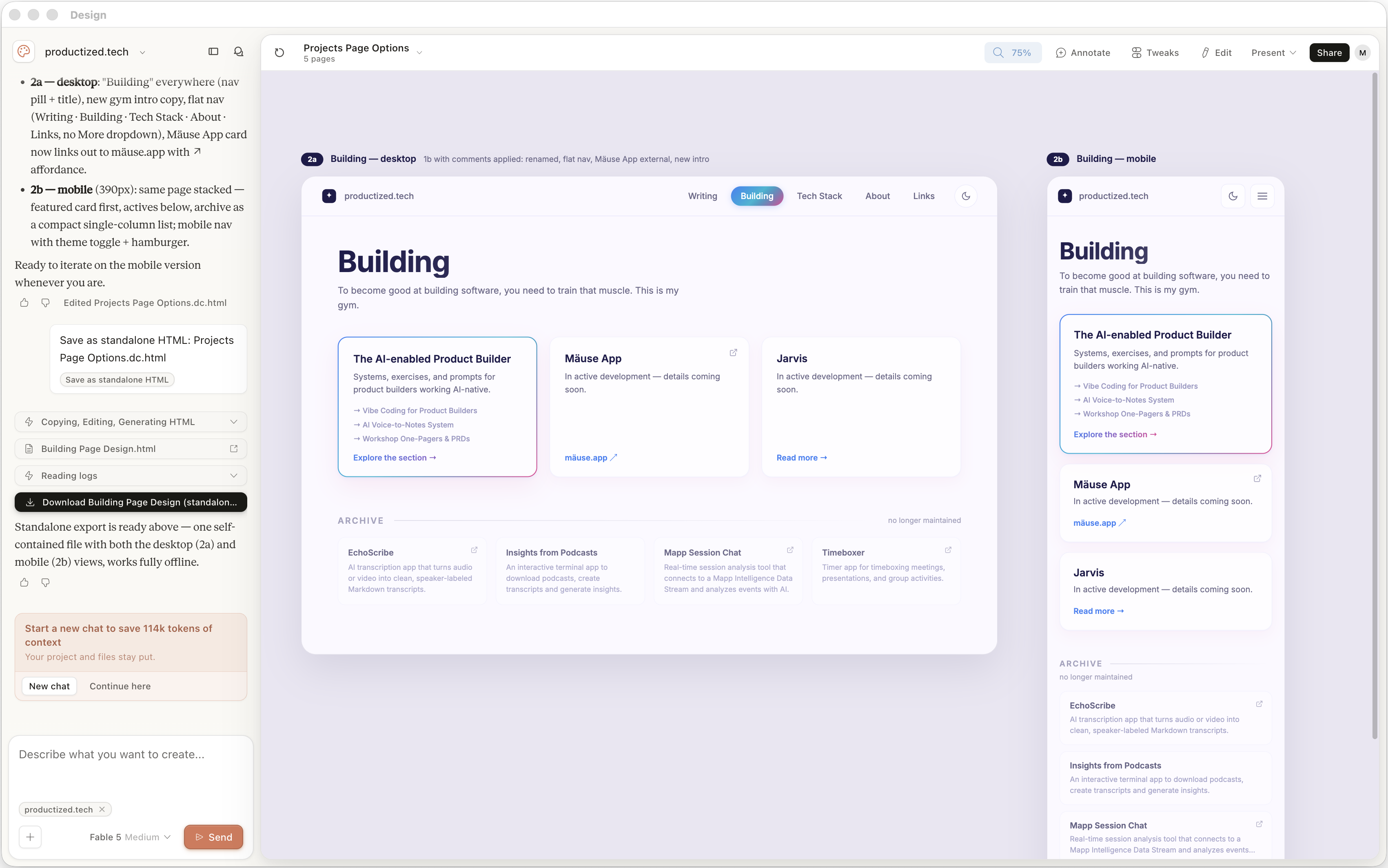 Claude Design showing desktop and mobile variants for a productized.tech page redesign