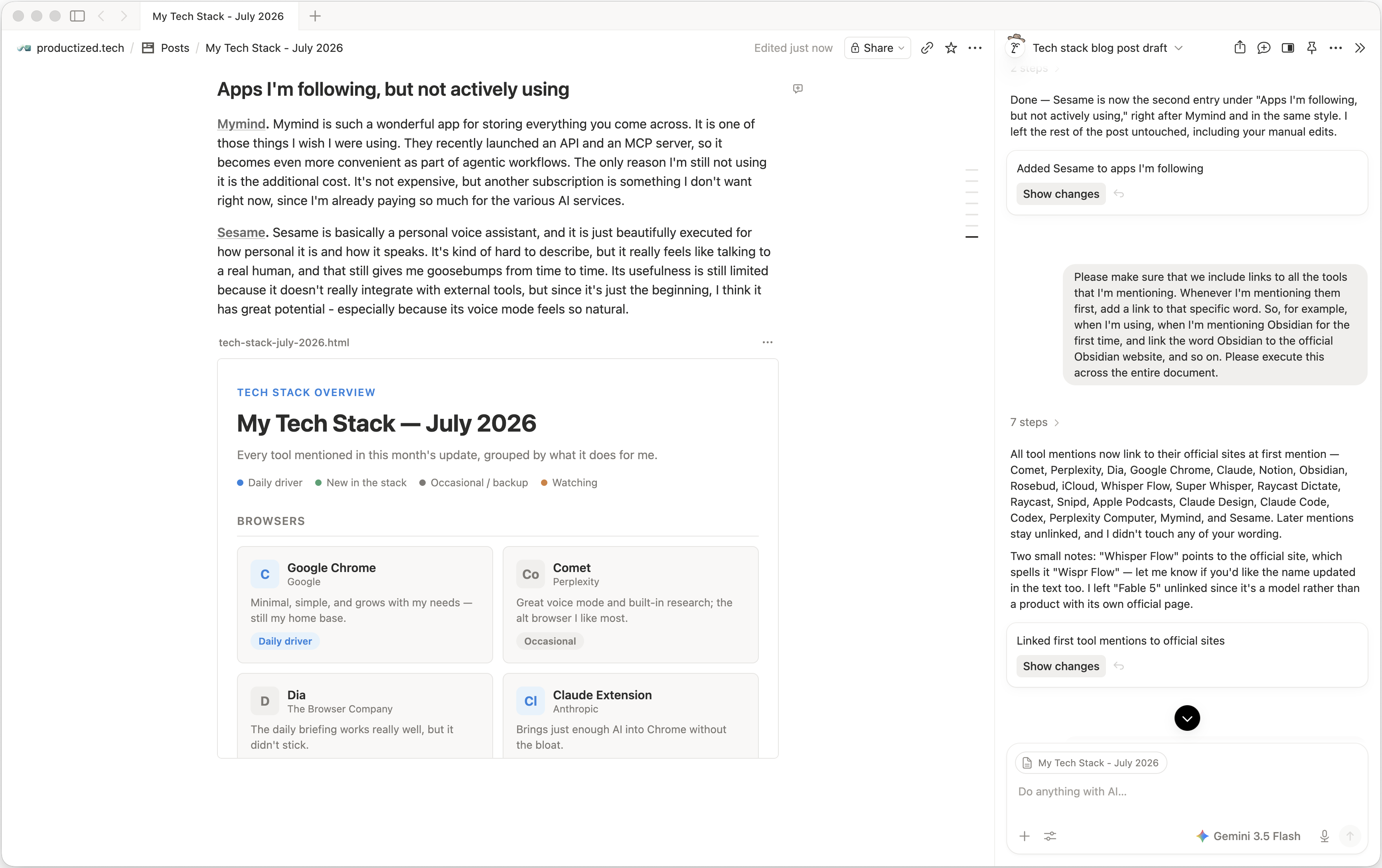 A Notion page with an AI-generated tech stack overview embedded as an HTML block