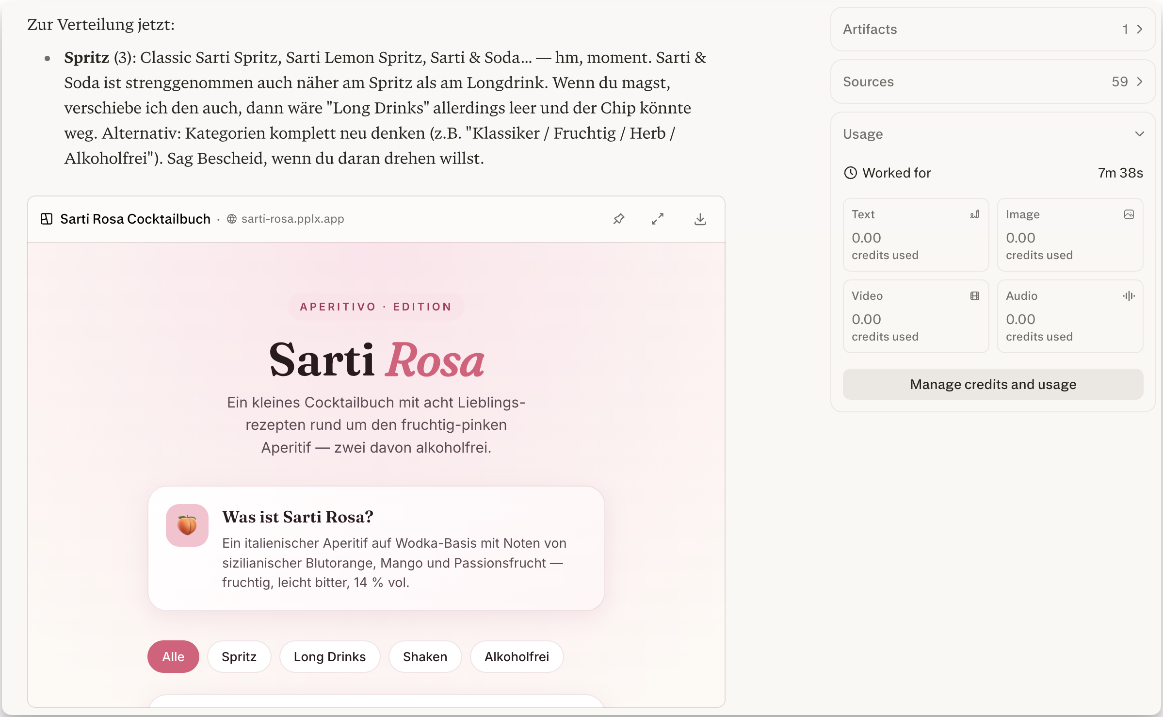 Perplexity Computer showing a generated Sarti Rosa cocktail app and usage panel