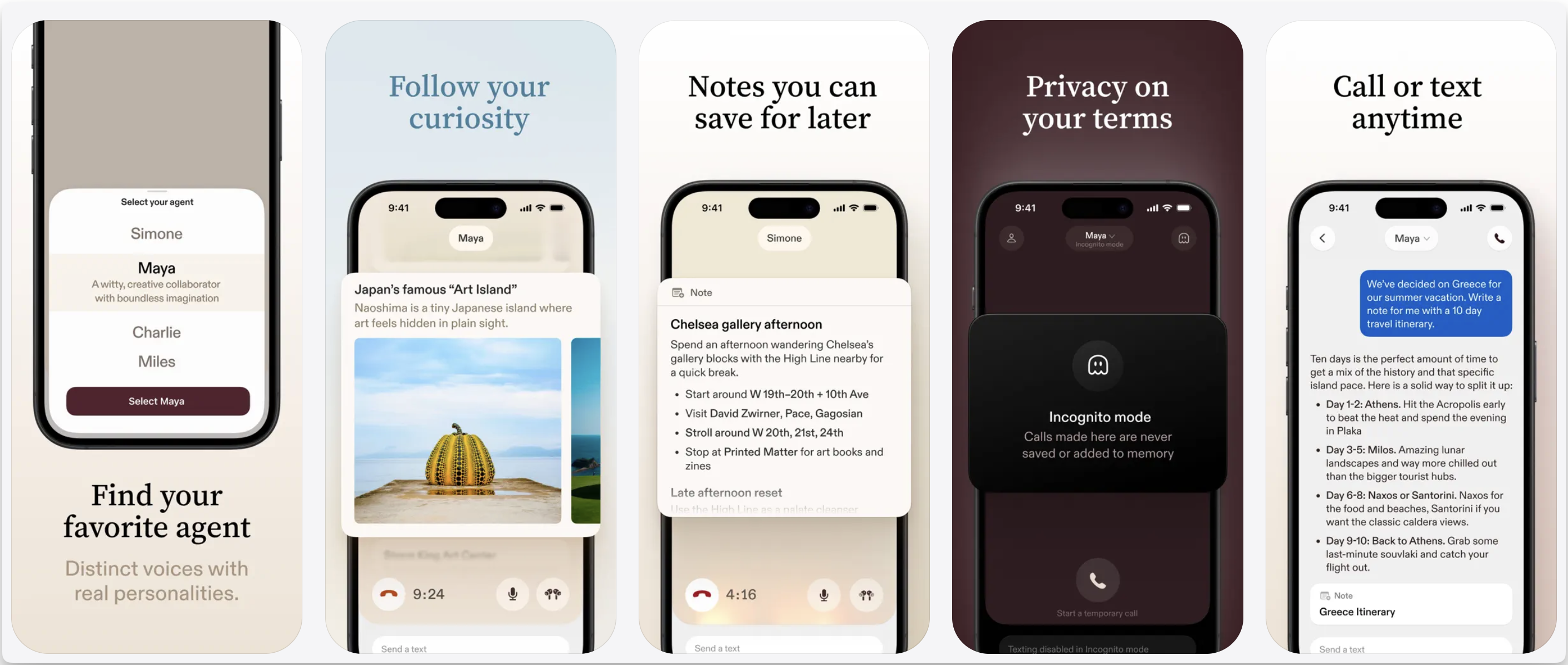 Sesame app promo screens showing voice agents, saved notes, incognito mode, and call or text interactions